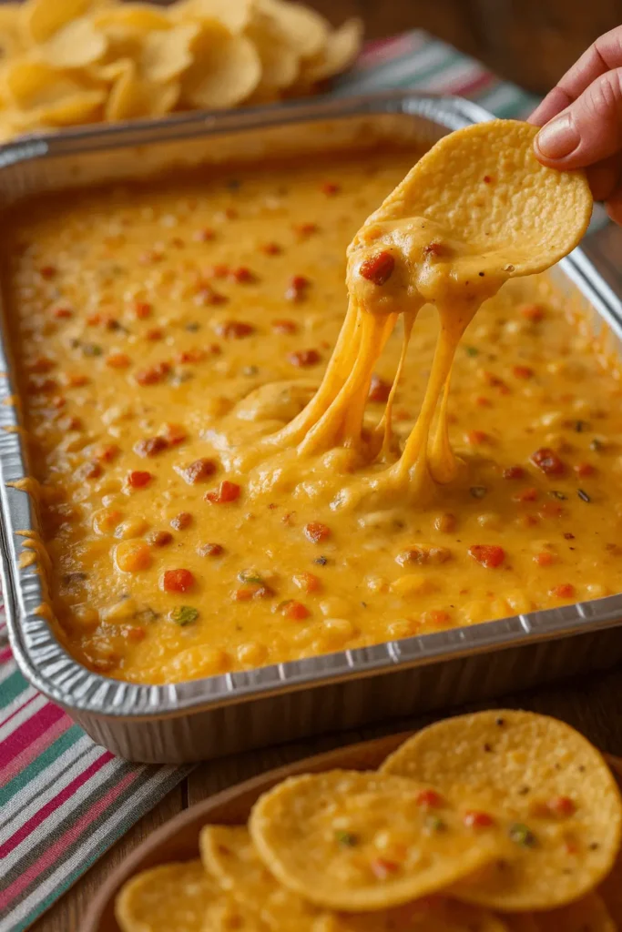smoked queso recipe with a tortilla chip pulling stretchy melted cheese and peppers from a foil pan