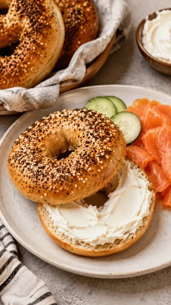 Sourdough discard bagels served with cream cheese, sliced cucumber, and salmon on a ceramic plate.
