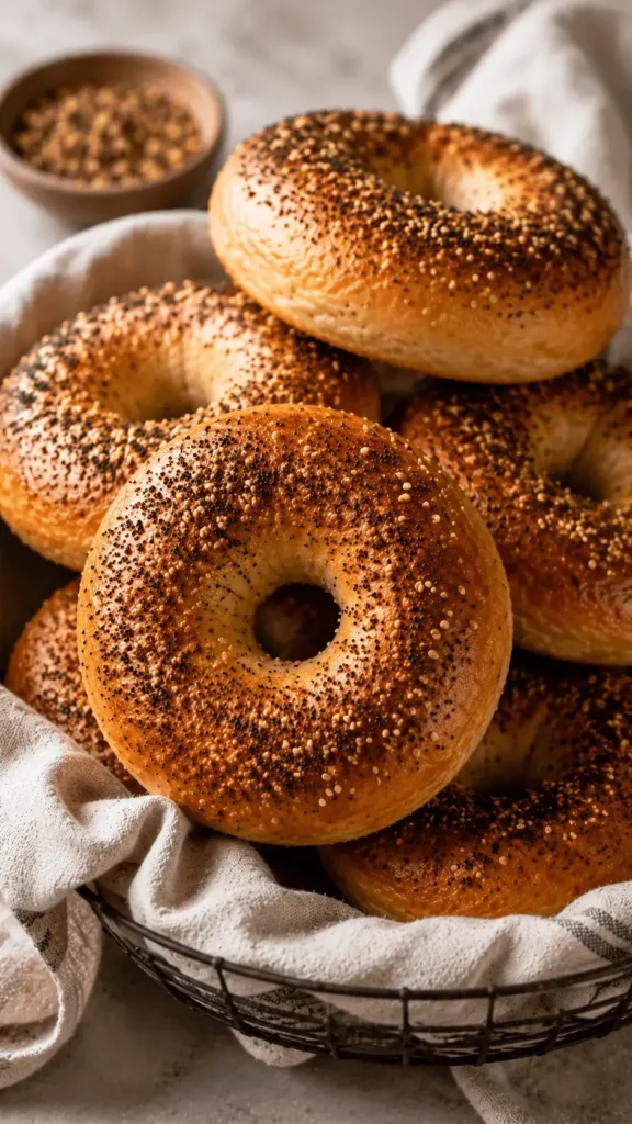 Golden-brown sourdough discard bagels with seeded toppings arranged in a linen-lined basket.