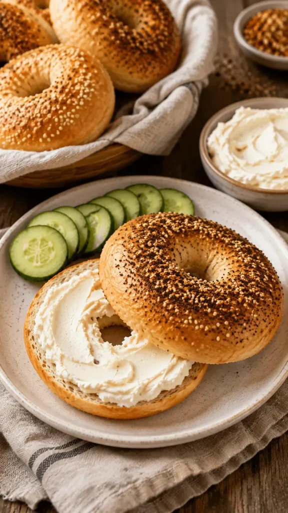 Sourdough discard bagels served with cream cheese and sliced cucumber, with additional seeded bagels in a basket.
