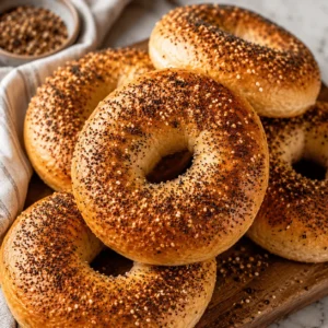 Close-up of golden sourdough discard bagels with mixed seeded toppings arranged on a wooden board.