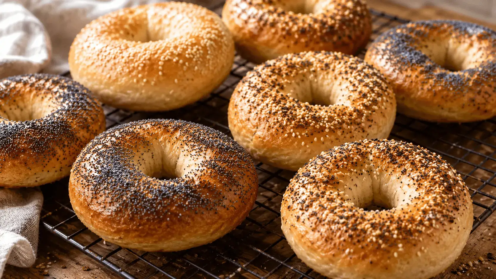 Golden-brown sourdough discard bagels with sesame, poppy seed, and mixed toppings cooling on a wire rack.