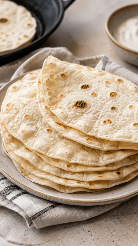 Stack of soft sourdough discard tortillas with golden-brown skillet spots and lightly blistered surfaces on a ceramic plate.