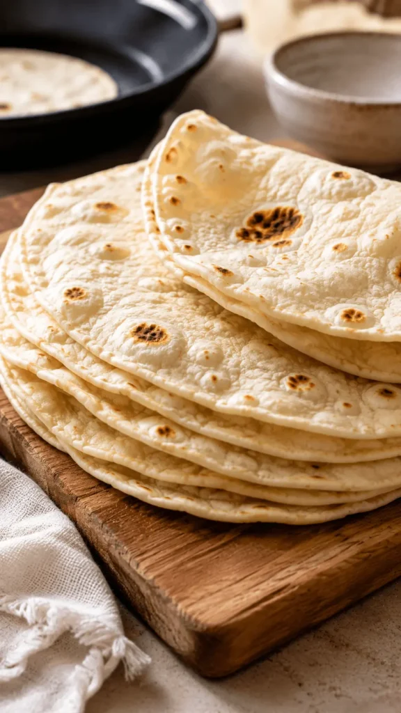 Soft sourdough discard tortillas stacked on a wooden board with golden-brown skillet spots and lightly puffed surfaces.