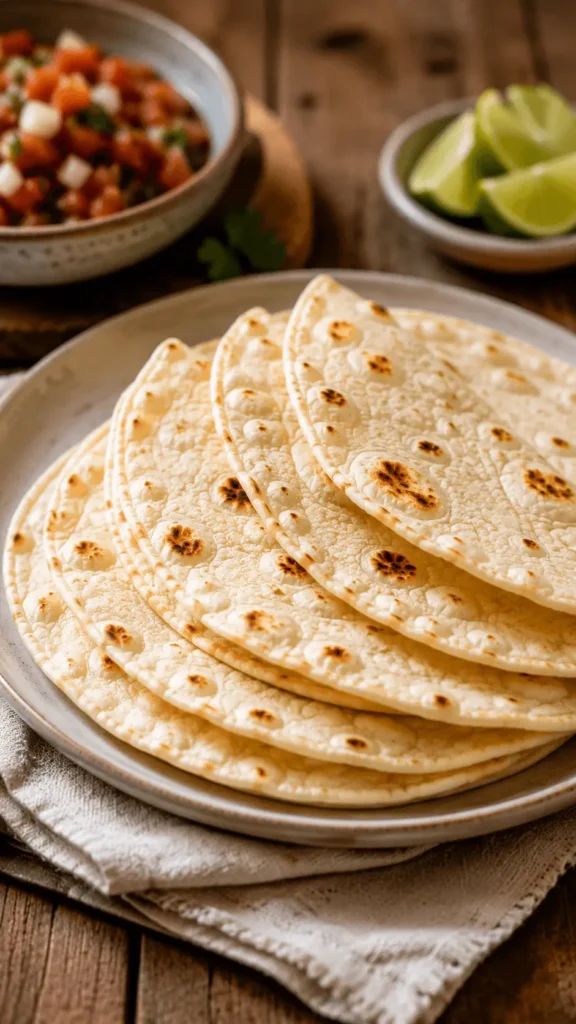 Sourdough discard tortillas stacked on a ceramic plate with golden-brown skillet spots, served alongside fresh salsa and lime wedges.