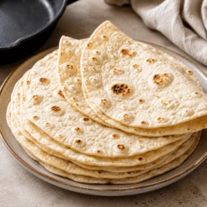 Sourdough discard tortillas stacked on a ceramic plate with soft folded edges, blistered surfaces, and golden-brown skillet spots.