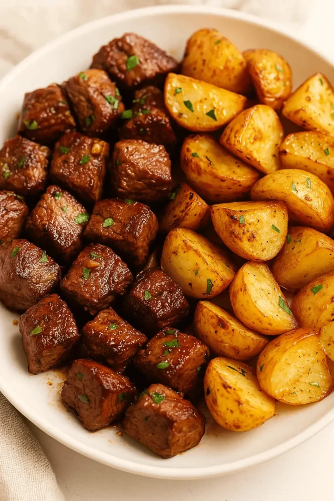 Close-up of steak and potatoes served on a white plate, seasoned and garnished with parsley.