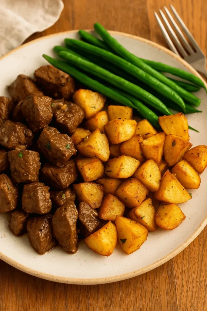 Steak and potatoes served with green beans on a ceramic plate.