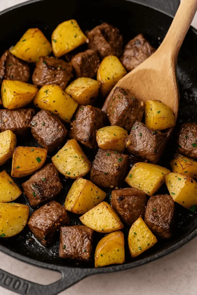 Seared steak and potatoes in a cast iron skillet with a wooden spatula.