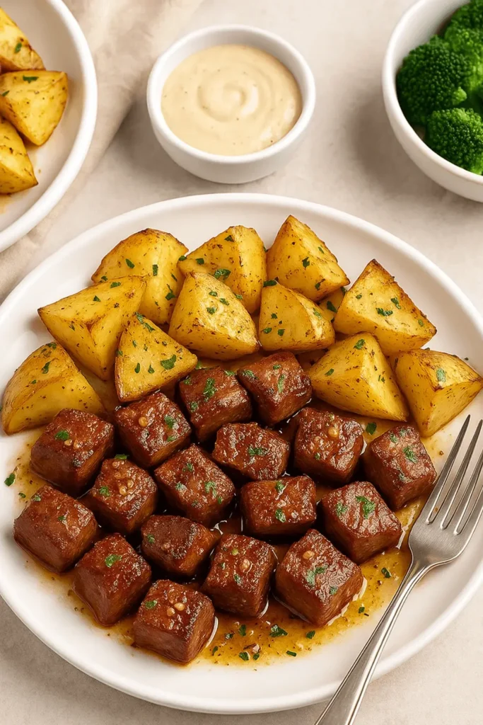 Steak and potatoes served with broccoli and dipping sauce on a white plate.