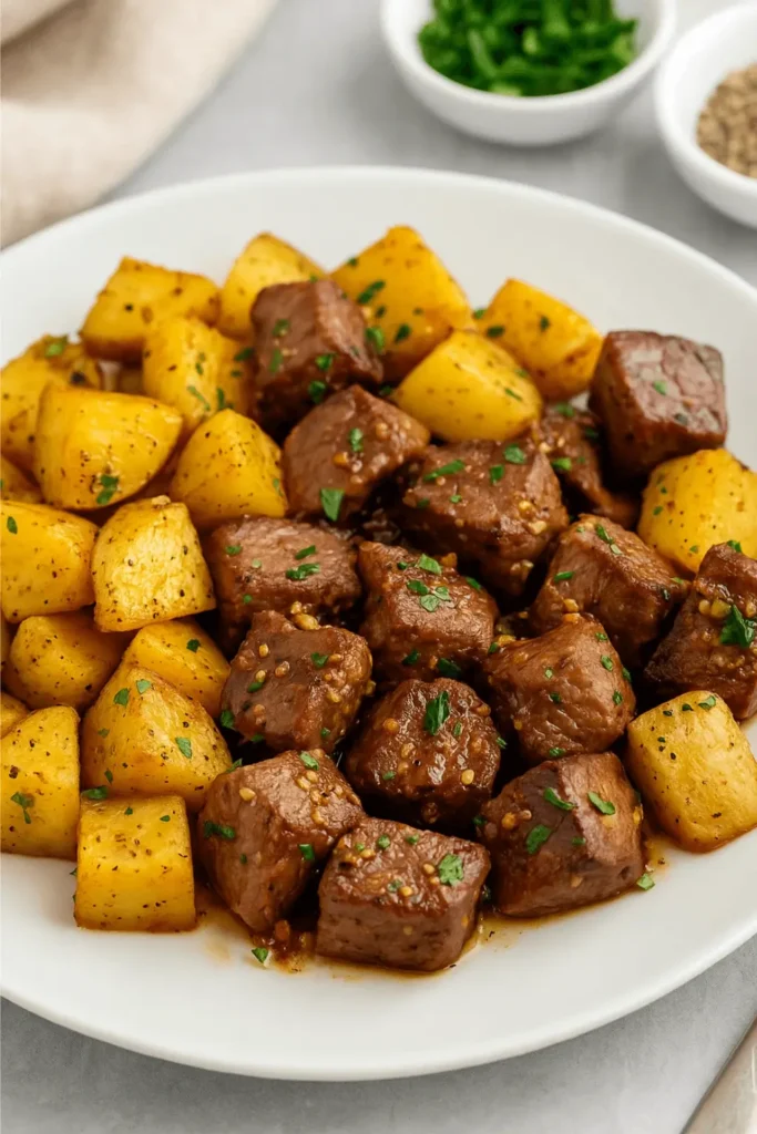 Garlic steak and potatoes served on a white plate, garnished with herbs.