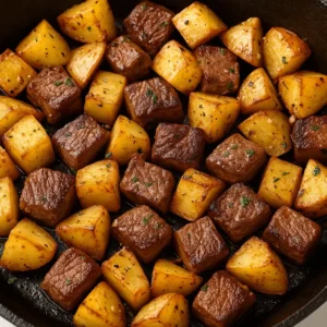 Close-up of garlic butter steak and potatoes cooking in a skillet.
