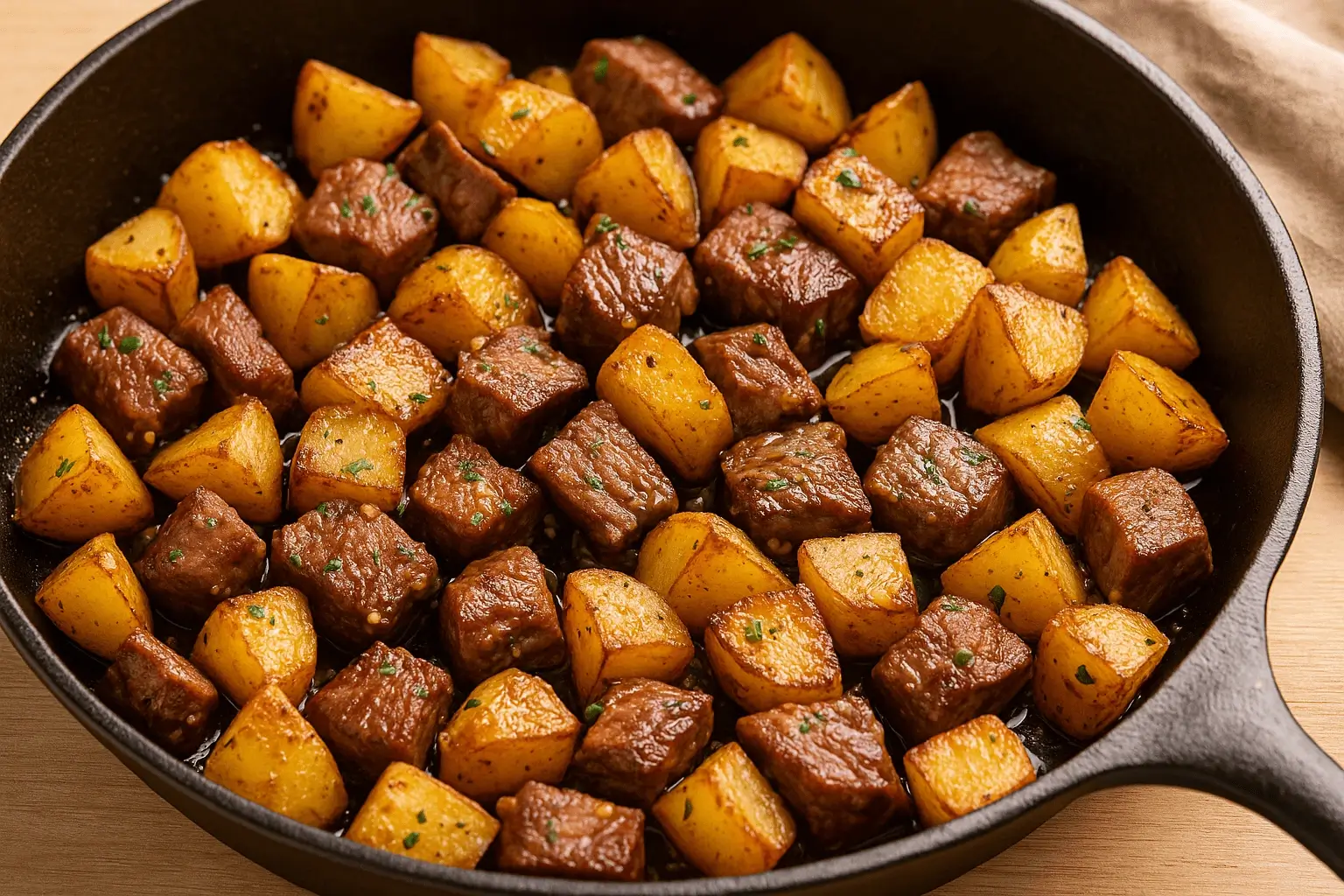 Skillet filled with steak and potatoes, cooked until golden and tender.