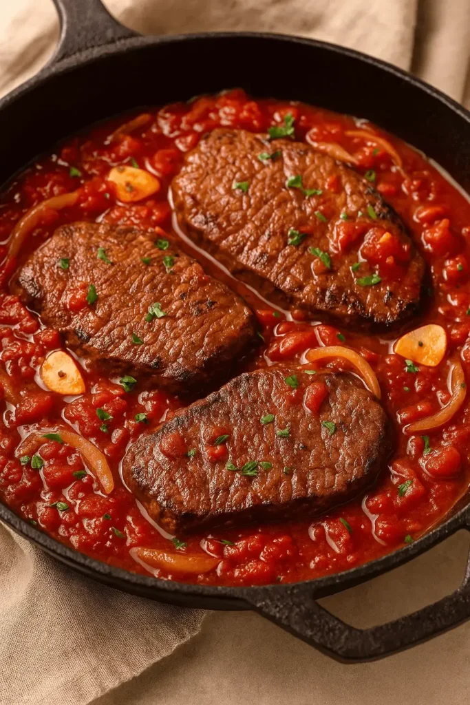 Close-up of steak simmering in tomato sauce for a steak pizzaiola recipe in a cast-iron pan