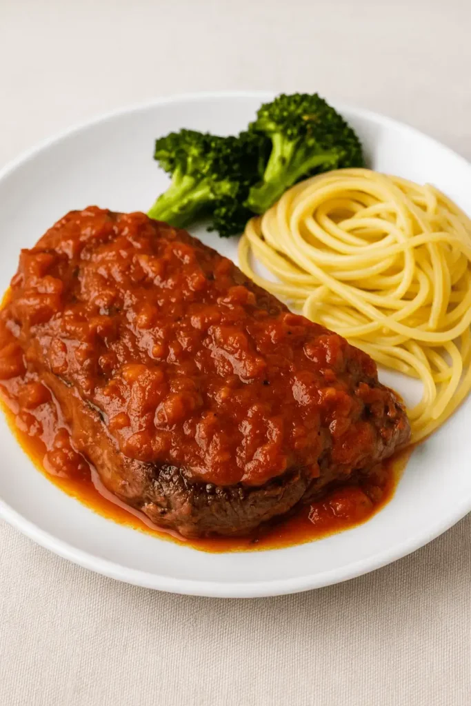 Plate of steak pizzaiola recipe served with spaghetti and broccoli
