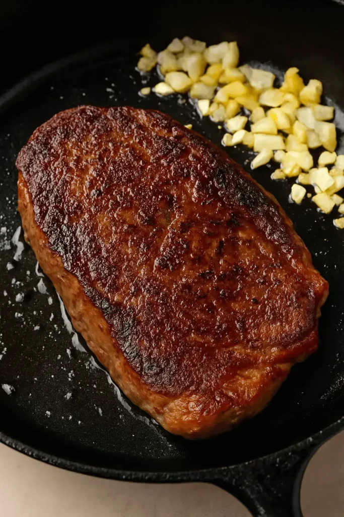 Seared steak in a skillet with garlic for a steak pizzaiola recipe