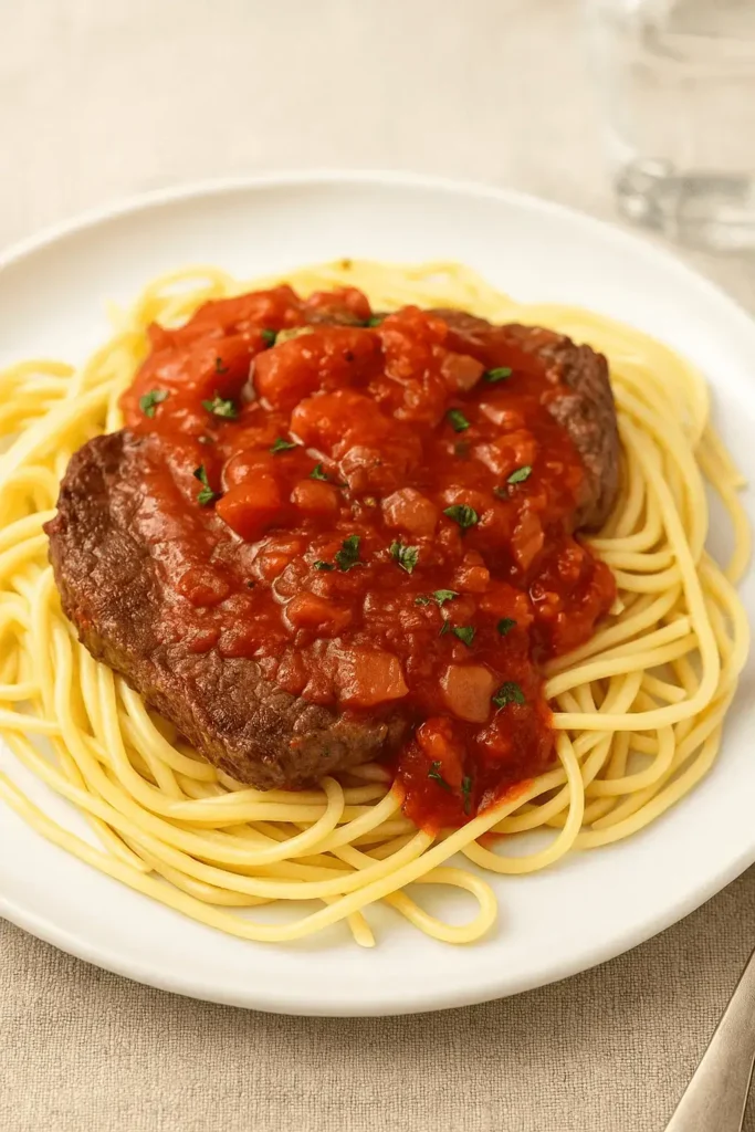 Steak pizzaiola recipe served over spaghetti on a white plate