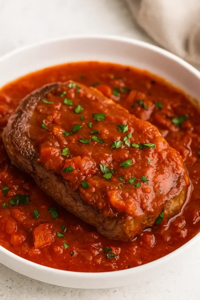 Close-up of steak covered in tomato sauce for a steak pizzaiola recipe