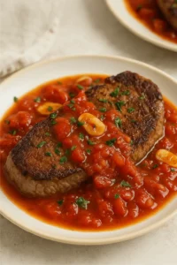 Close-up of a steak pizzaiola recipe with tomato sauce and garlic on a plate