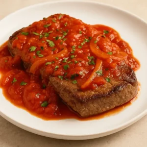 Steak pizzaiola recipe served on a white plate with tomato sauce and herbs
