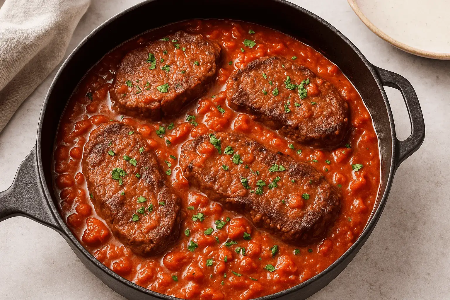 Seared steak simmering in tomato sauce inside a cast-iron skillet for a hearty steak pizzaiola recipe