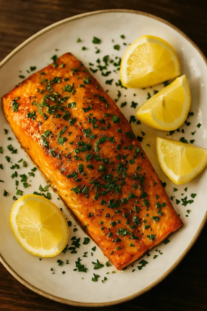 Baked steelhead trout fillet garnished with parsley and lemon wedges — steelhead trout recipe