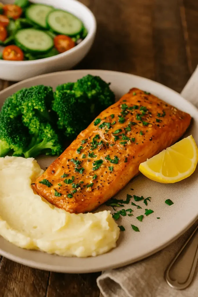 Steelhead trout recipe served with mashed potatoes, broccoli, and lemon on a dinner plate