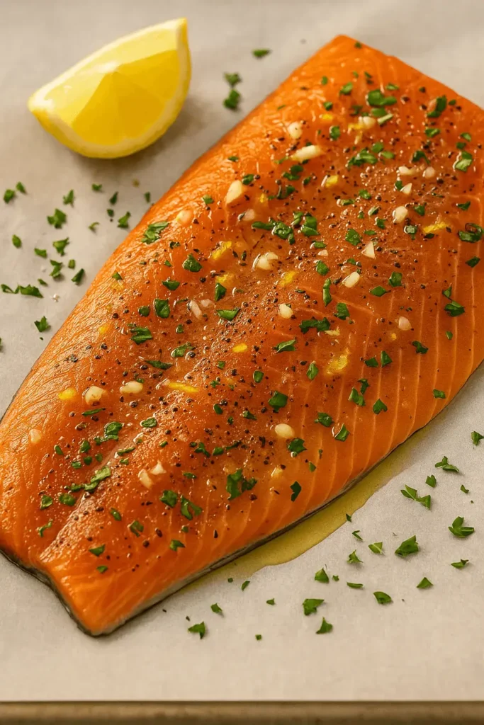 Uncooked steelhead trout fillet seasoned with garlic, herbs, pepper, and lemon zest, ready to be baked.