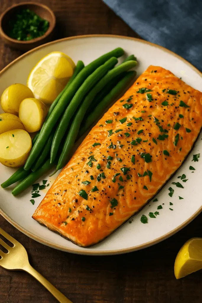 Plated steelhead trout fillet with green beans, baby potatoes, and lemon wedges.