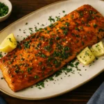 Glazed steelhead trout fillet garnished with parsley and lemon wedges on a serving platter — steelhead trout recipe