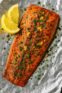 Baked steelhead trout fillet on foil, topped with herbs, pepper, and lemon zest, with lemon wedges on the side.