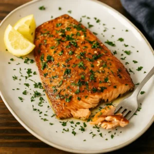 Steelhead trout recipe fillet flaked with a fork and served with lemon and parsley