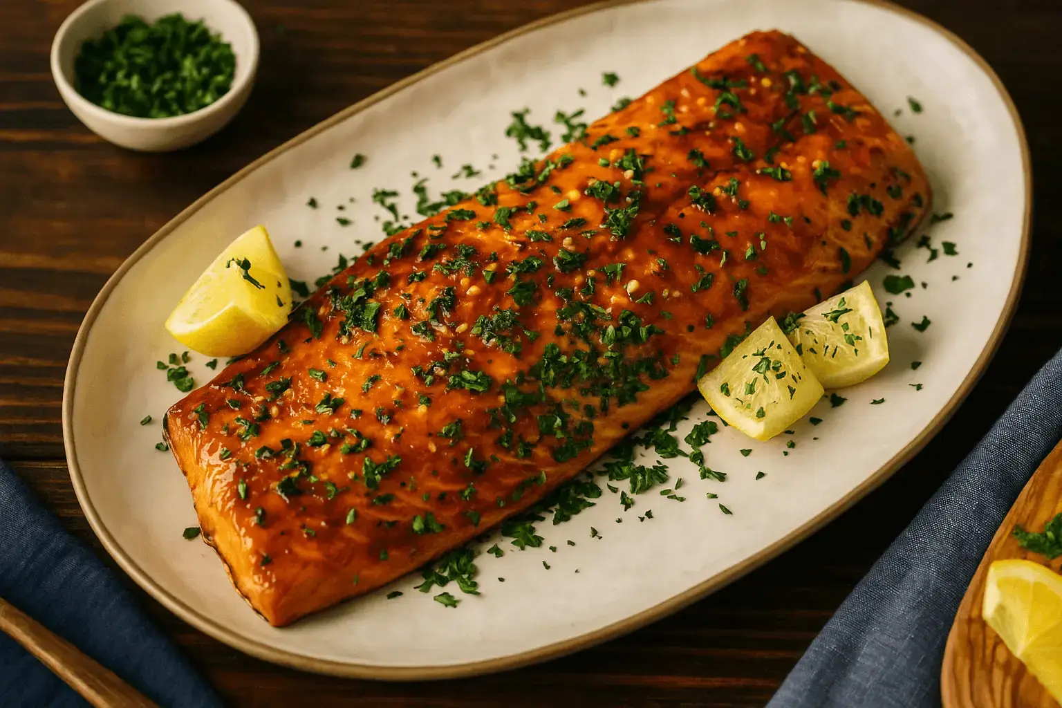 Glazed steelhead trout fillet garnished with parsley and lemon wedges on a serving platter — steelhead trout recipe