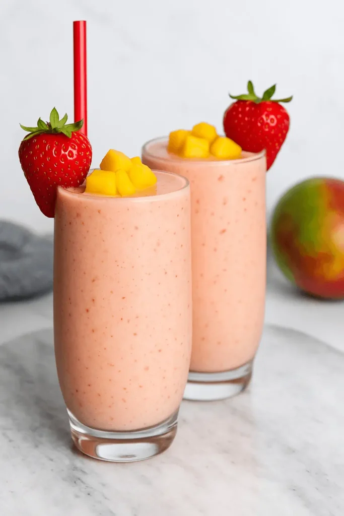 Two glasses of strawberry mango smoothie topped with fresh mango cubes and strawberries on a marble surface.