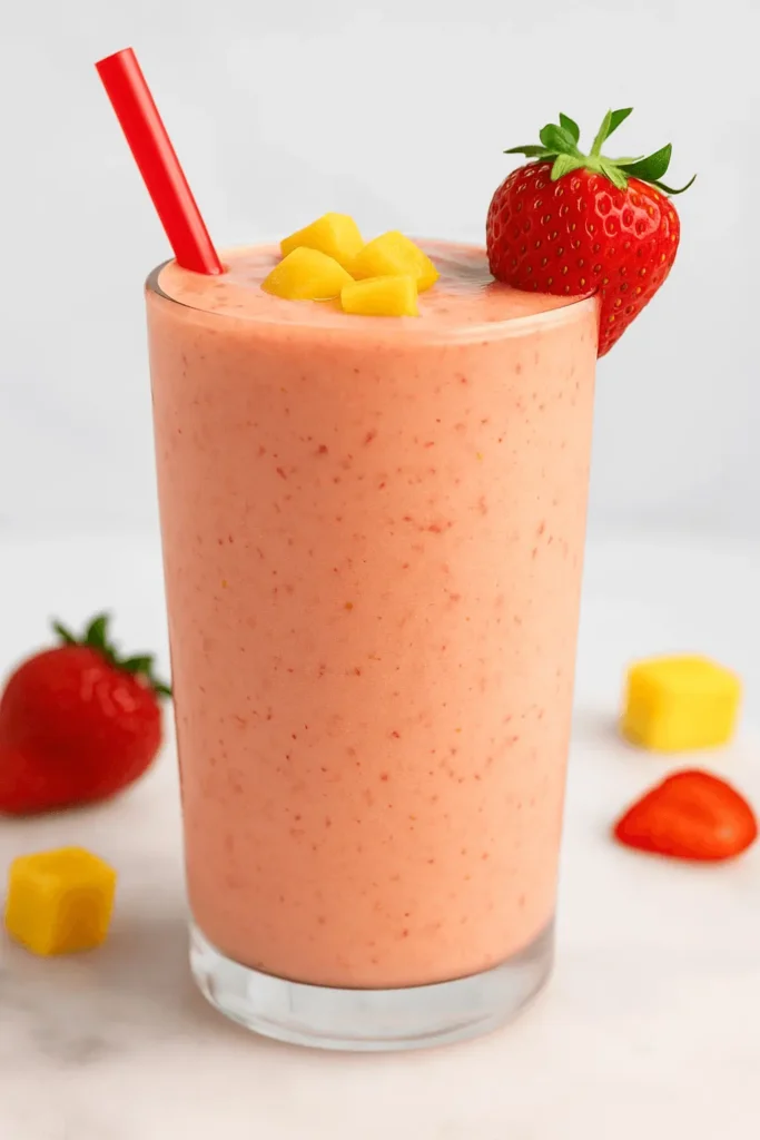 Tall glass of strawberry mango smoothie topped with mango cubes and garnished with a fresh strawberry.