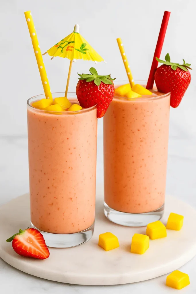 Two glasses of strawberry mango smoothie with fresh fruit, paper straws, and a tropical umbrella on a white serving tray.