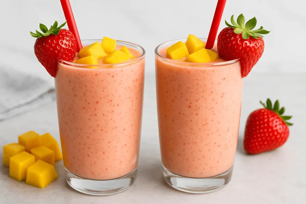 Two glasses of strawberry mango smoothie topped with fresh mango cubes and strawberries on a light background.