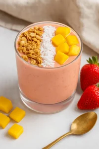 Strawberry mango smoothie in a glass, topped with diced mango, shredded coconut, and granola.