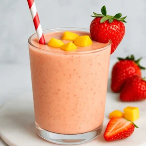 A glass of strawberry mango smoothie with mango cubes, a strawberry garnish, and a red-striped straw.