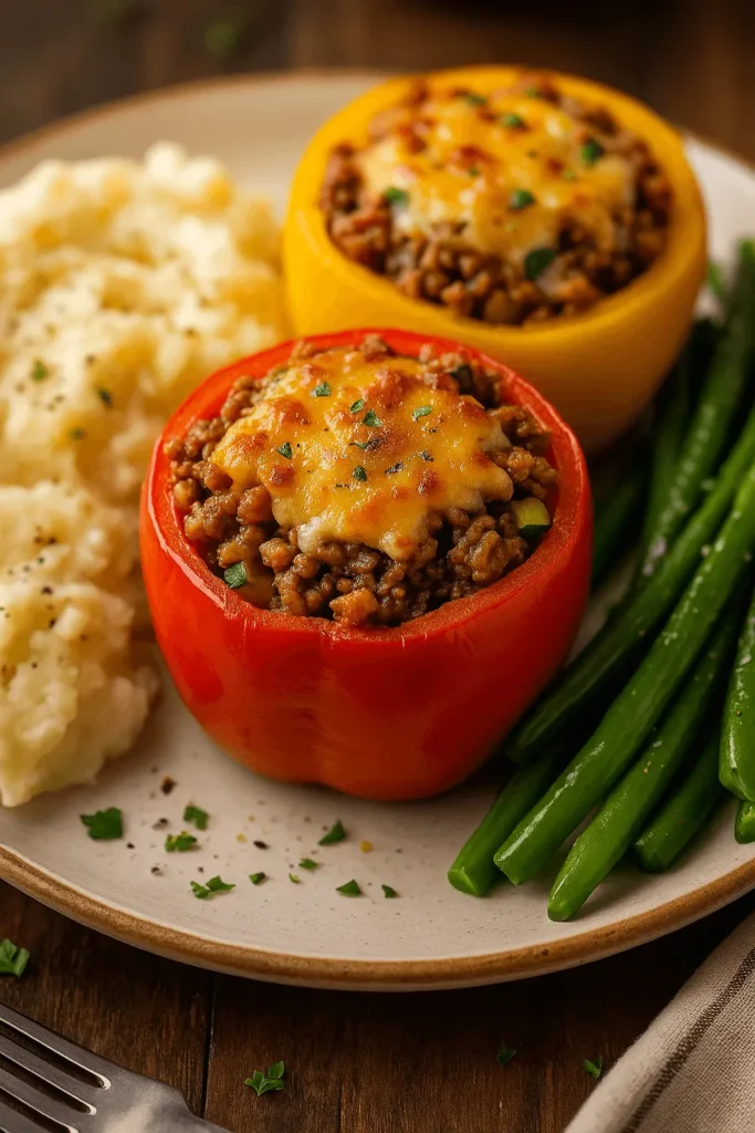 Stuffed bell peppers without rice served with mashed potatoes and green beans on a plate