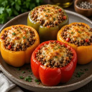 Stuffed bell peppers without rice filled with seasoned ground turkey and vegetables, topped with melted cheese and fresh parsley.