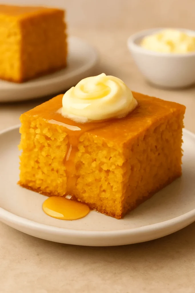Sweet potato cornbread topped with butter and honey on a white plate.