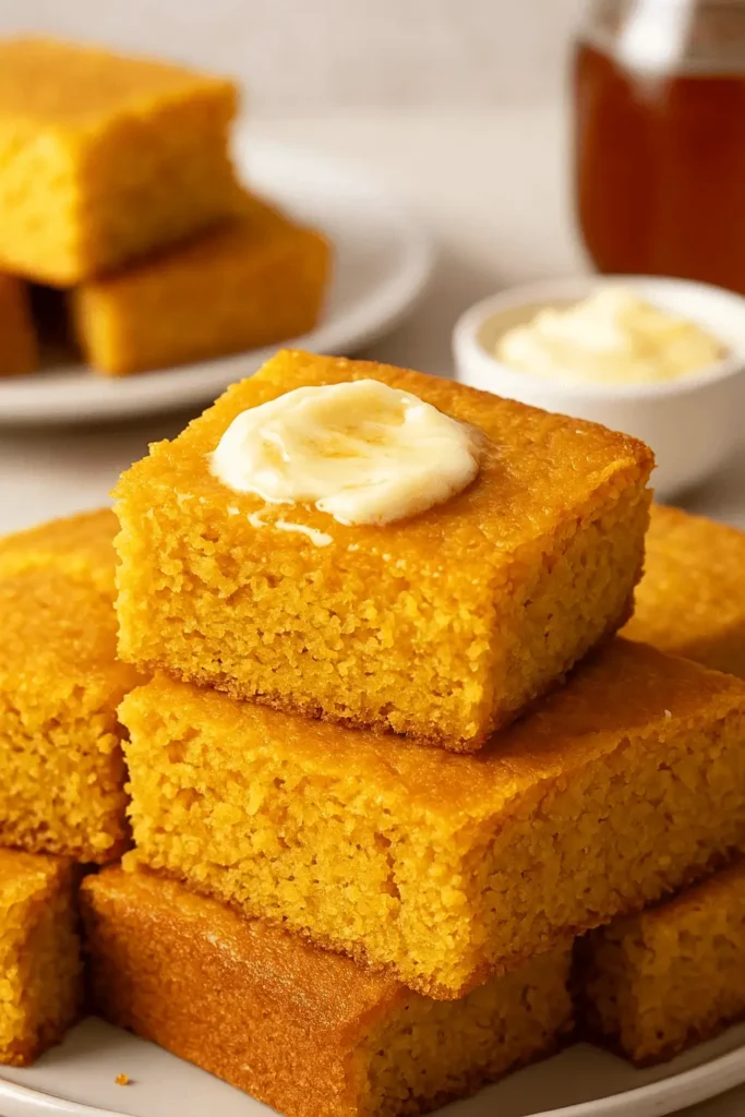 A stack of golden sweet potato cornbread slices topped with melting butter, ready to serve.