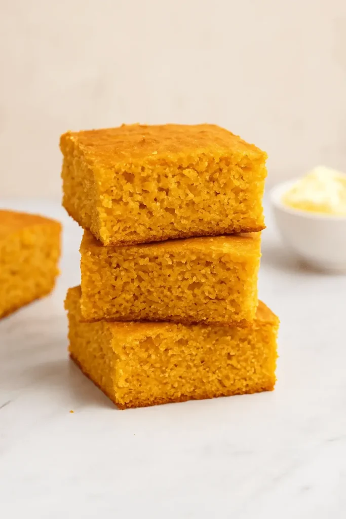 Three slices of sweet potato cornbread stacked neatly on a marble surface with butter in the background.