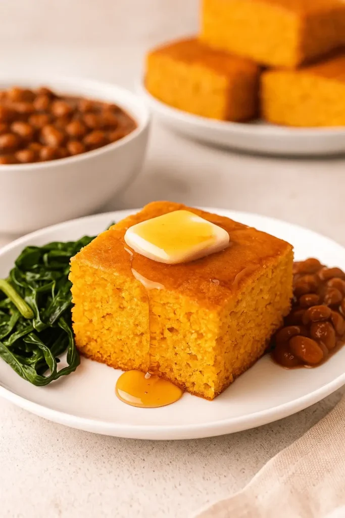 Sweet potato cornbread served with greens, baked beans, and topped with butter and honey.