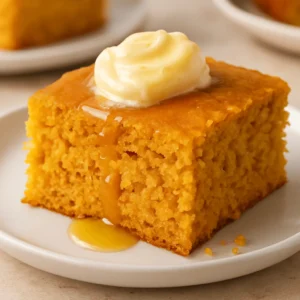 A close-up of sweet potato cornbread topped with a swirl of butter and honey on a white plate.