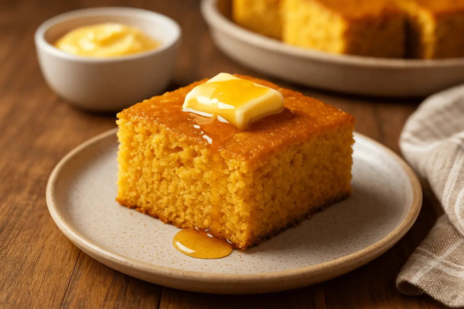 A slice of sweet potato cornbread topped with melting butter and honey on a ceramic plate.