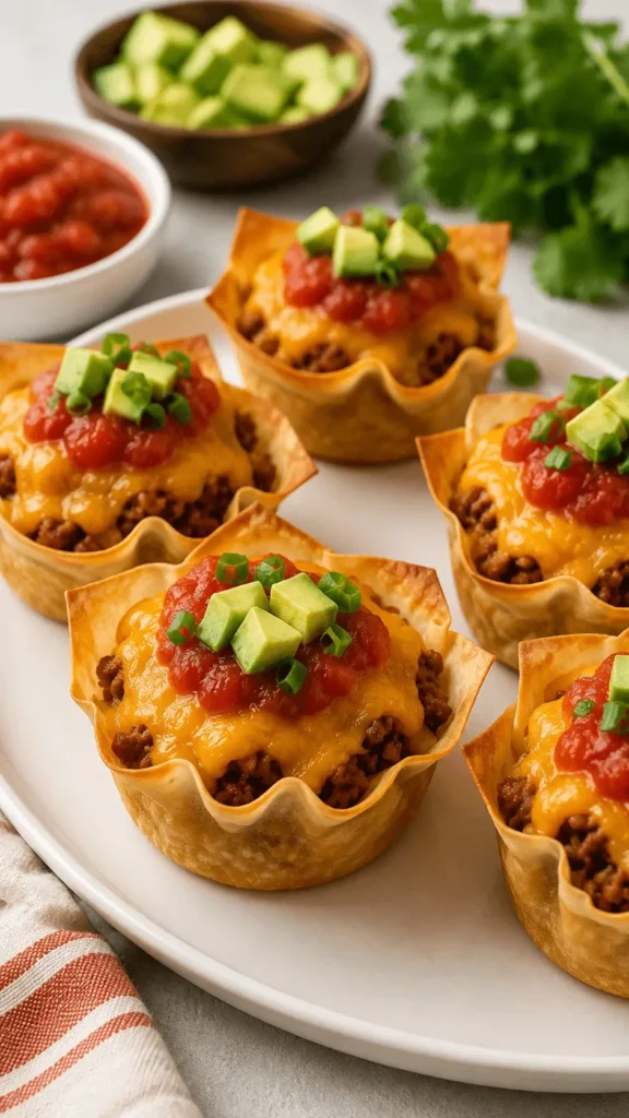 Taco cupcakes with crispy wonton shells, seasoned beef, melted cheese, salsa, avocado, and green onions on a serving plate.