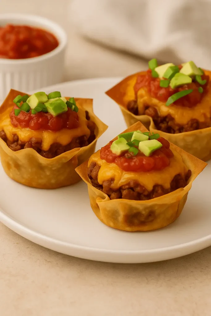 Close-up of three taco cupcakes topped with salsa, diced avocado, green onions, and melted cheese on a white plate.