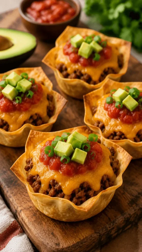 Taco cupcakes in crispy golden wonton cups filled with seasoned beef, melted cheese, salsa, avocado, and green onions.